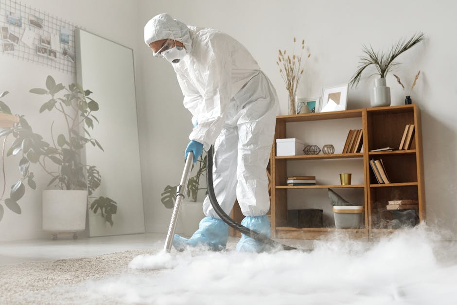 A professional cleaner from Hounslow Carpet Cleaning is performing surface cleaning and sanitisation in a residential living room, wearing a full protective suit, face mask, and gloves. The cleaner is using a vacuum-like device to deep clean a light-colored, plush carpet, creating visible steam or fog as part of the cleaning process. The room features a white wall with a large potted plant, a wooden bookshelf with decorative items and books, and natural lighting that highlights the cleanliness and shine of the carpet and surfaces, demonstrating thorough domestic cleaning and maintenance.